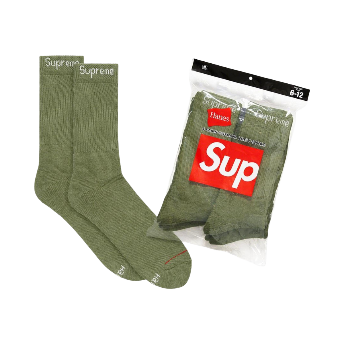 Supreme x Hanes Cushion Crew Socks (Full Pack of 4) Olive Green - AVBL MRKT (1)