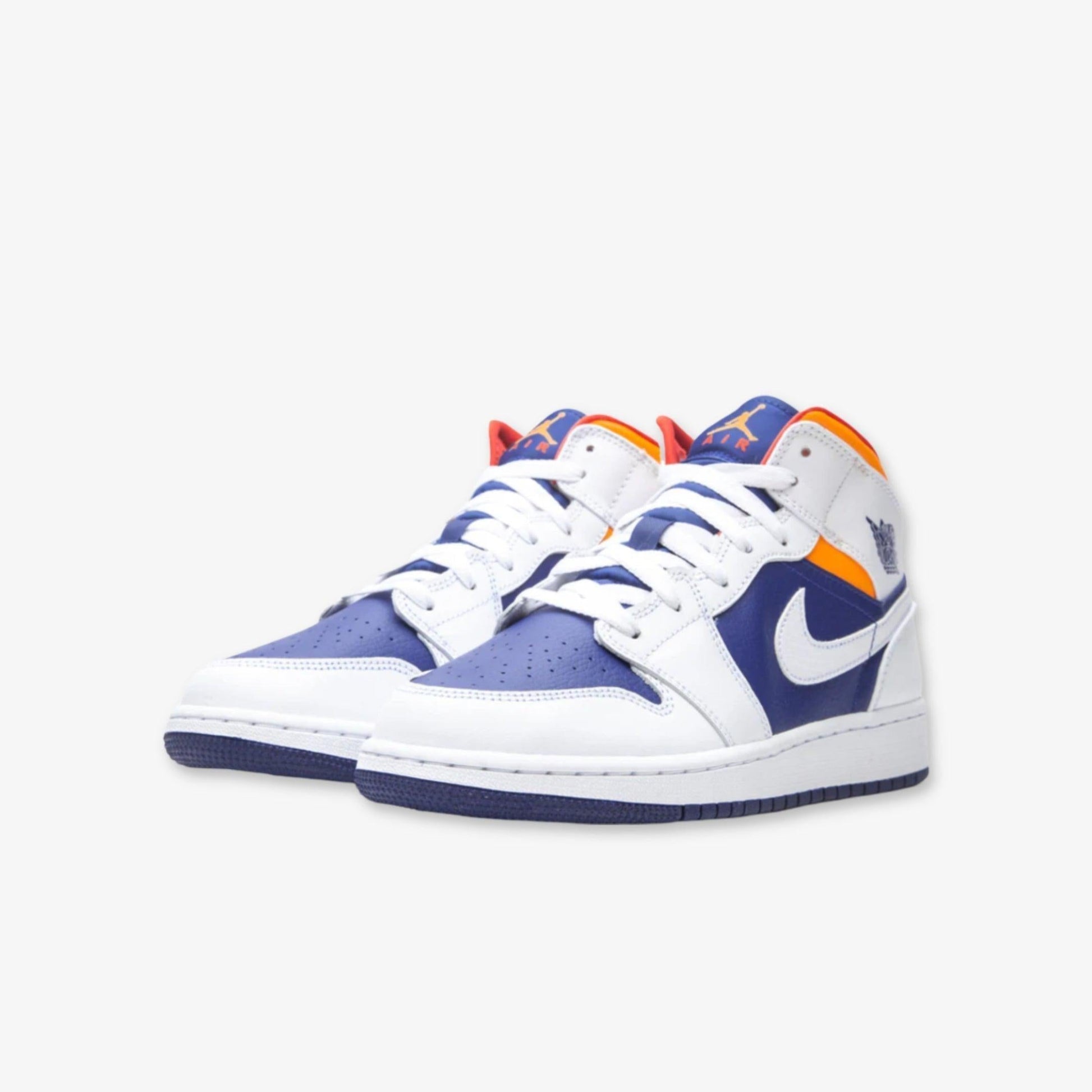 Air Jordan 1 Mid 'Deep Royal Blue' (2020) (GS) [554725-131] Athletic Basketball Sports Sneakers in White / Laser Orange for Unisex Youth Kids Junior Boys Girls - AVBL MRKT (1)