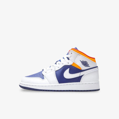 Air Jordan 1 Mid 'Deep Royal Blue' (2020) (GS) [554725-131] Athletic Basketball Sports Sneakers in White / Laser Orange for Unisex Youth Kids Junior Boys Girls - AVBL MRKT (2)