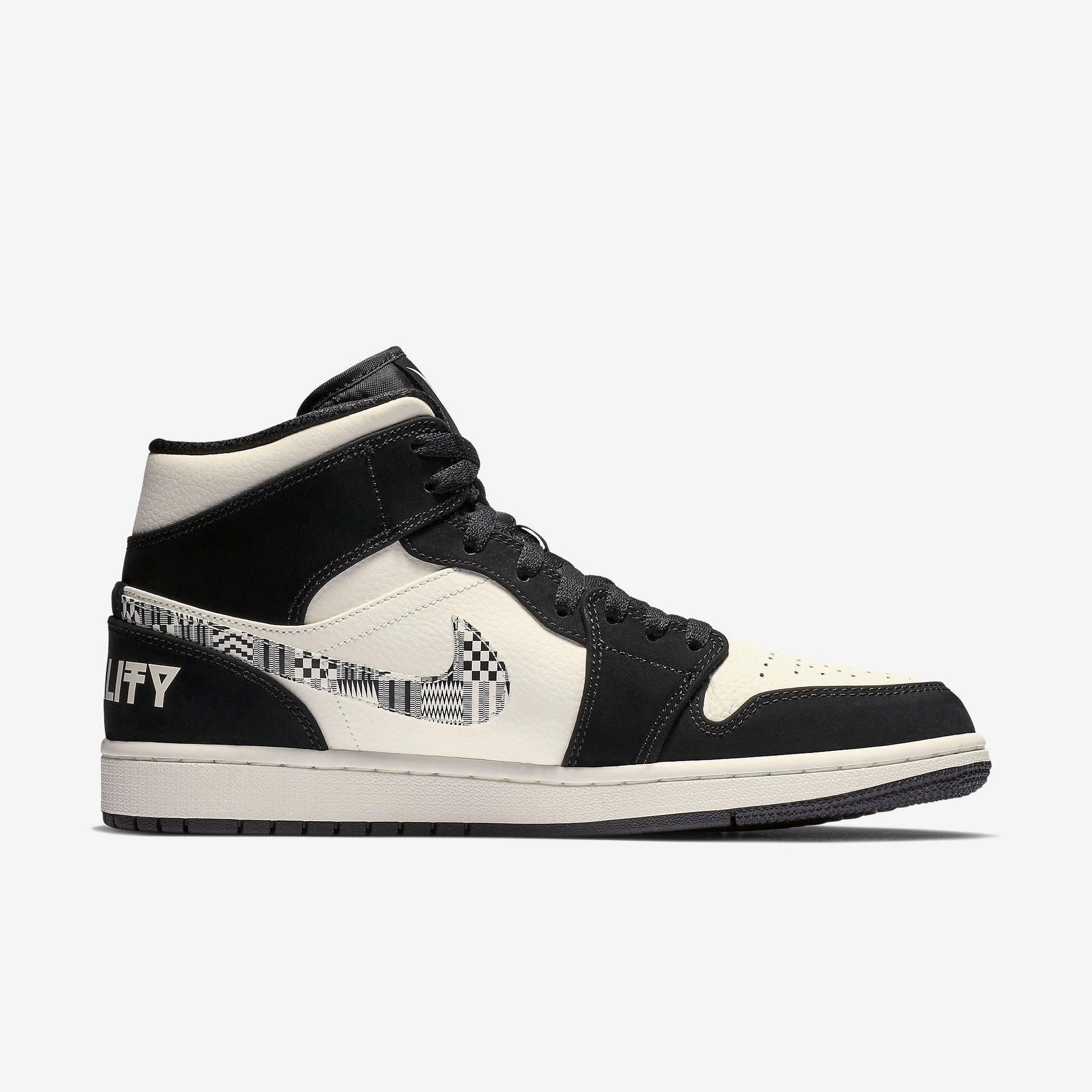 Air Jordan 1 Mid SE 'Melo Equality' (2019) [852542-010] Athletic Basketball Sports Sneakers in Black / Black - Sail - Wolf Grey for Unisex Adult Mens - AVBL MRKT (4)