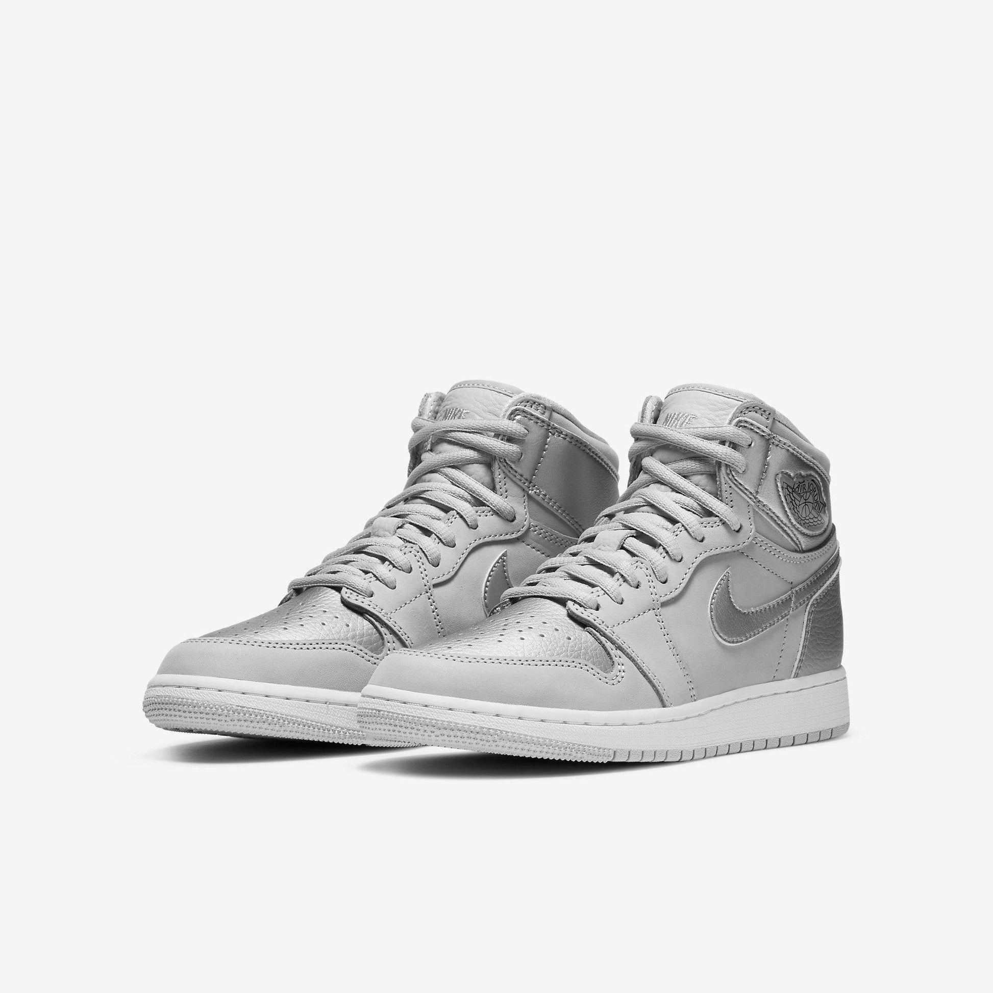 Air Jordan 1 Retro High OG 'Japan Metallic Silver' (2020) (GS) [575441-029] Athletic Basketball Sports Sneakers in Neutral Grey / Metallic Silver for Unisex Youth Kids Junior Boys Girls - AVBL MRKT (1)
