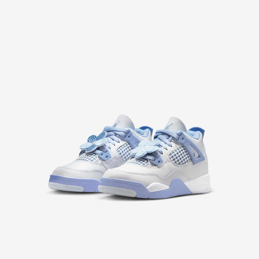Air Jordan 4 Retro 'Forget Me Not / Aluminum' (2025) (PS) [IB8962-100] Athletic Basketball Sports Sneakers in White / Aluminum - Blue Tint for Unisex Little Kids Pre-School Boys Girls - AVBL MRKT (1)