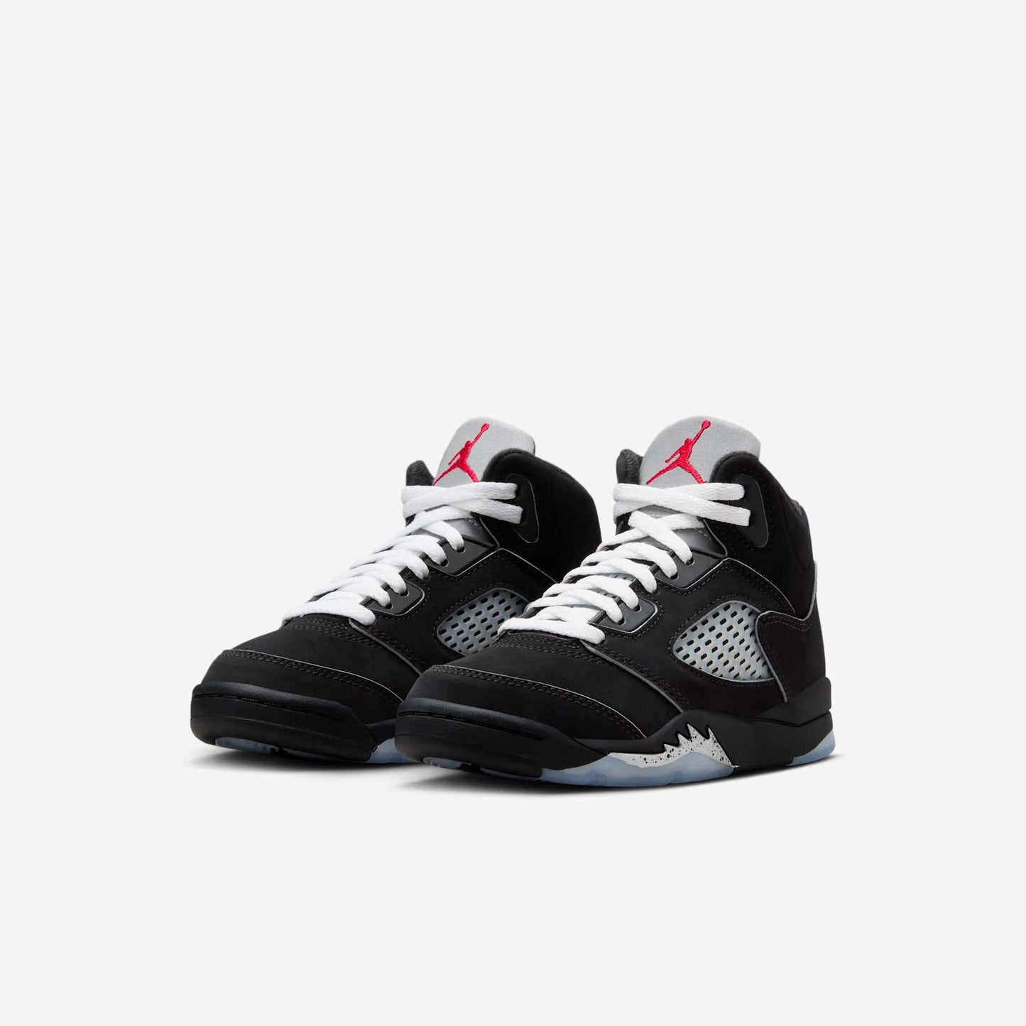 Air Jordan 5 Retro 'Reimagined Black / Metallic Silver' (2025) (PS) [HF3978-001] Athletic Basketball Sports Sneakers in Black / White - Metallic Silver - Fire Red for Unisex Little Kids Pre-School Boys Girls - AVBL MRKT (1)
