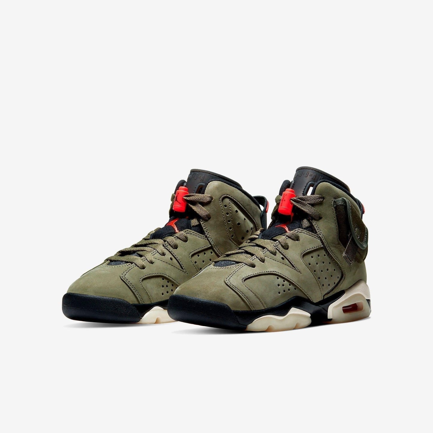 Air Jordan 6 Retro SP x Travis Scott 'Cactus Jack Medium Olive' (2019) (GS) [CN1085-200] Athletic Basketball Sports Sneakers in Medium Olive / Infrared - Black for Unisex Youth Kids Junior Boys Girls - AVBL MRKT (1)