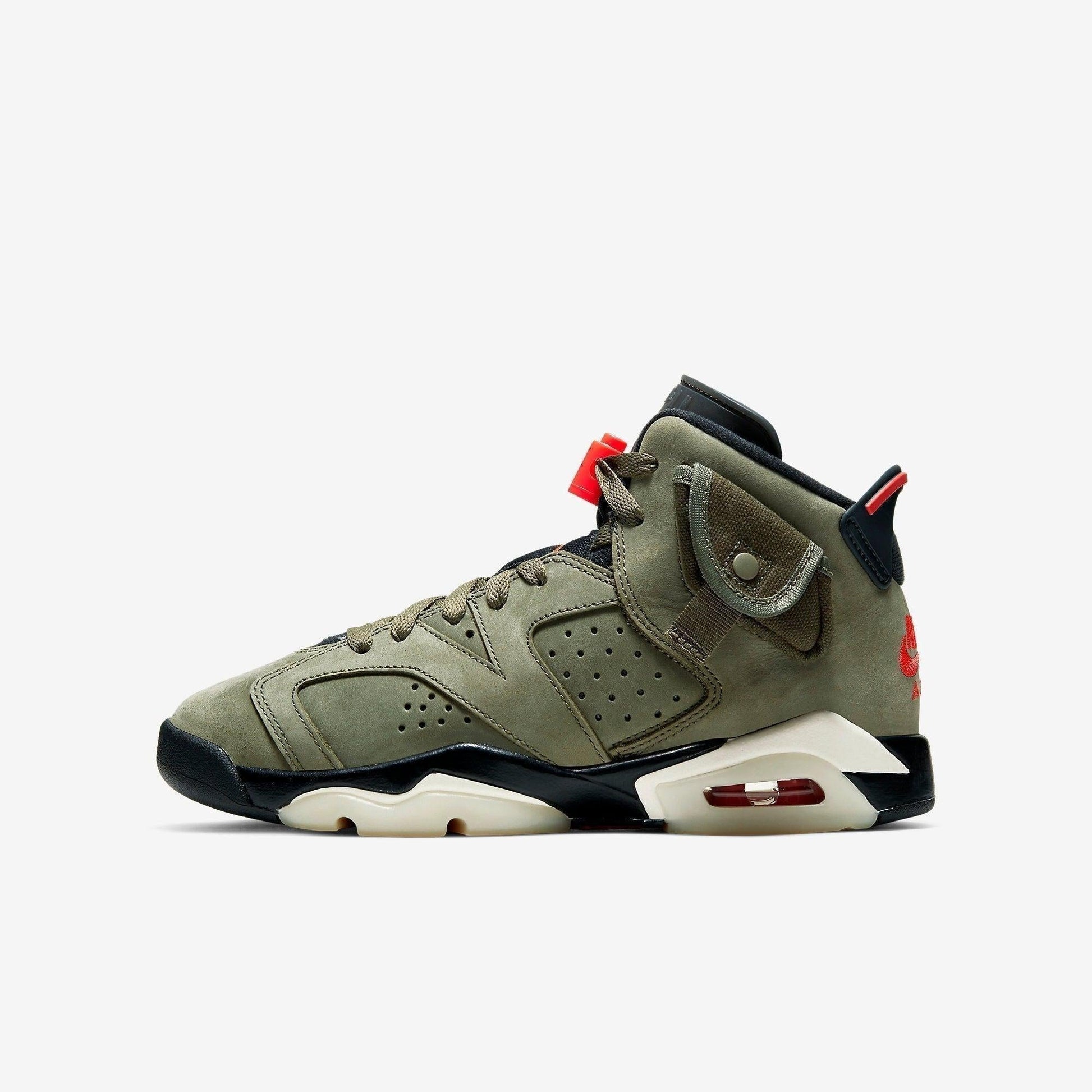 Air Jordan 6 Retro SP x Travis Scott 'Cactus Jack Medium Olive' (2019) (GS) [CN1085-200] Athletic Basketball Sports Sneakers in Medium Olive / Infrared - Black for Unisex Youth Kids Junior Boys Girls - AVBL MRKT (2)