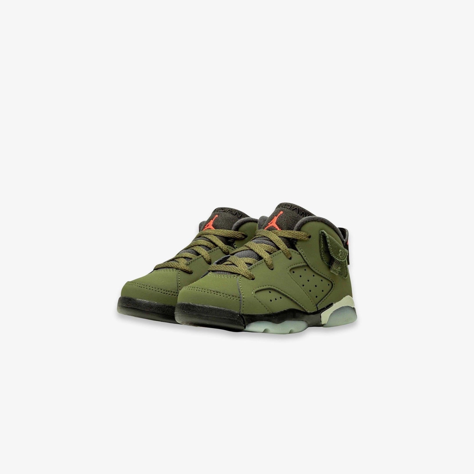 Air Jordan 6 Retro SP x Travis Scott 'Cactus Jack Medium Olive' (2019) (TD) [CQ3567-200] Athletic Basketball Sports Sneakers in Medium Olive / Infrared - Black for Unisex Baby Infant Toddler - AVBL MRKT (1)