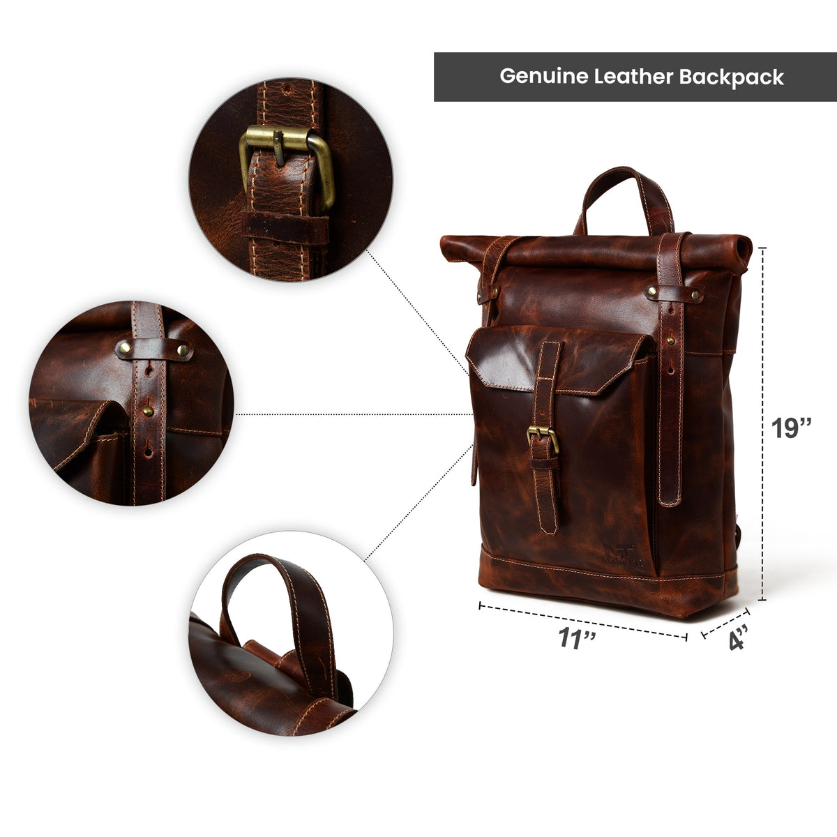 Classy Leather Bags Brown Saddleback Backpack- Roll Top - AVBL MRKT (10)
