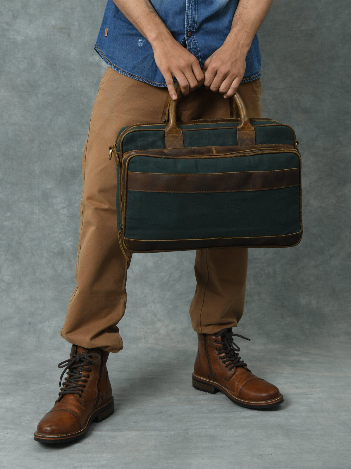 Classy Leather Bags Canvas Green Briefcase - AVBL MRKT (2)