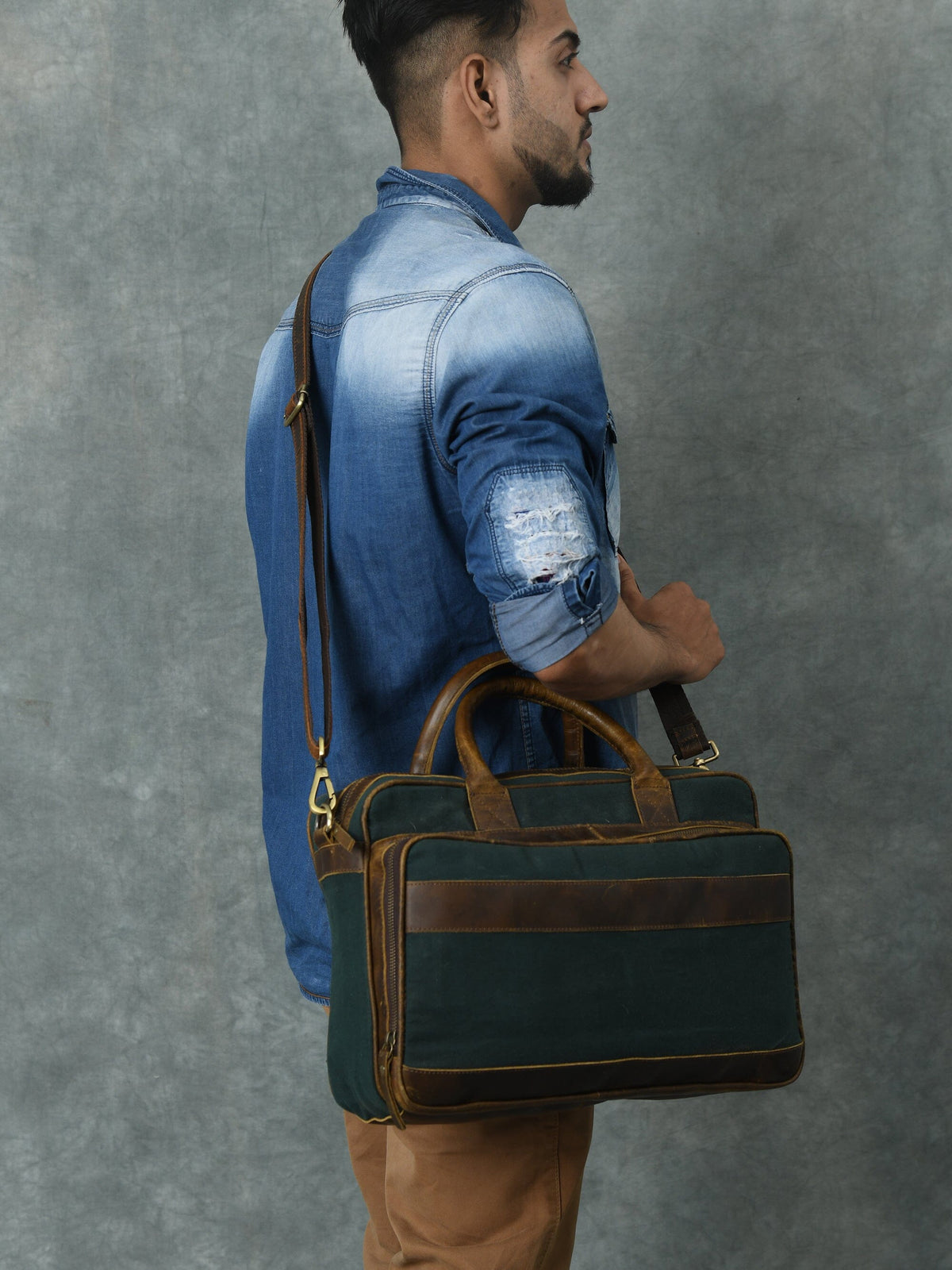 Classy Leather Bags Canvas Green Briefcase - AVBL MRKT (4)