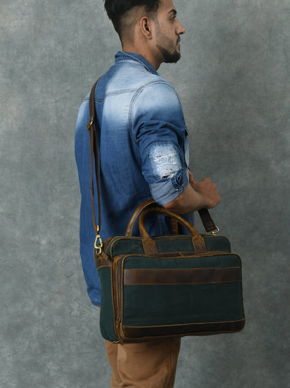 Classy Leather Bags Canvas Green Briefcase - AVBL MRKT (4)