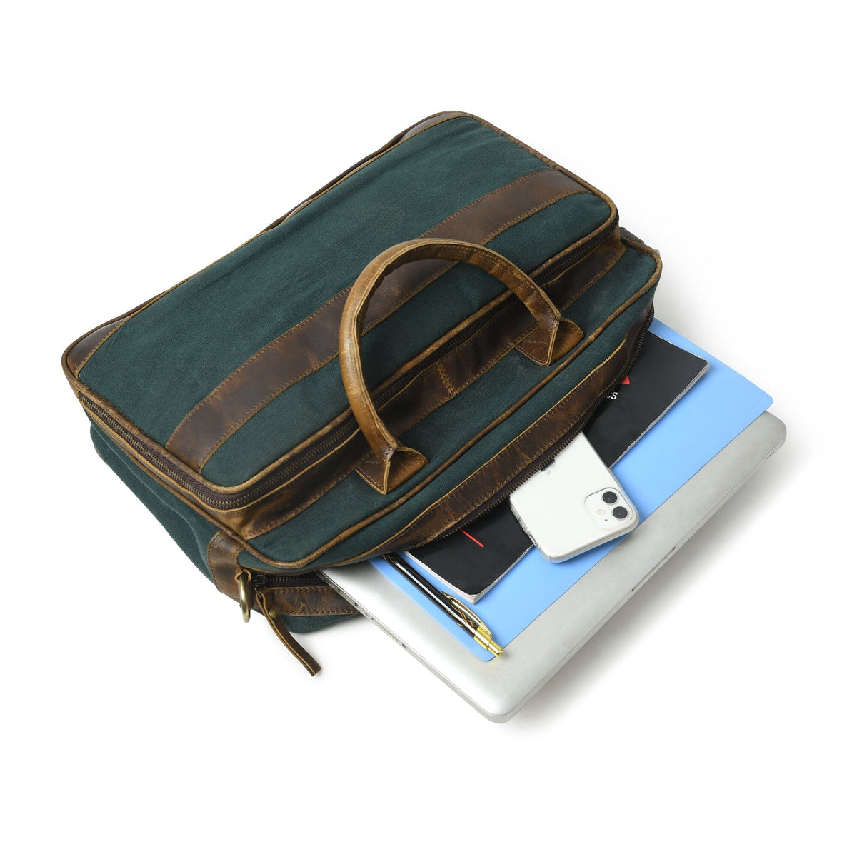 Classy Leather Bags Canvas Green Briefcase - AVBL MRKT (7)