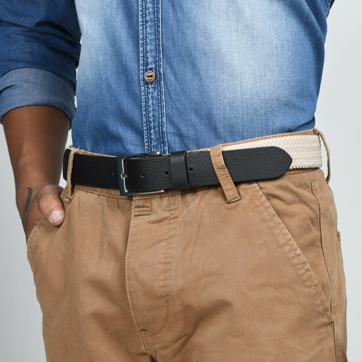 Classy Leather Bags Cream & Black Braided Canvas Leather Belt - AVBL MRKT (2)