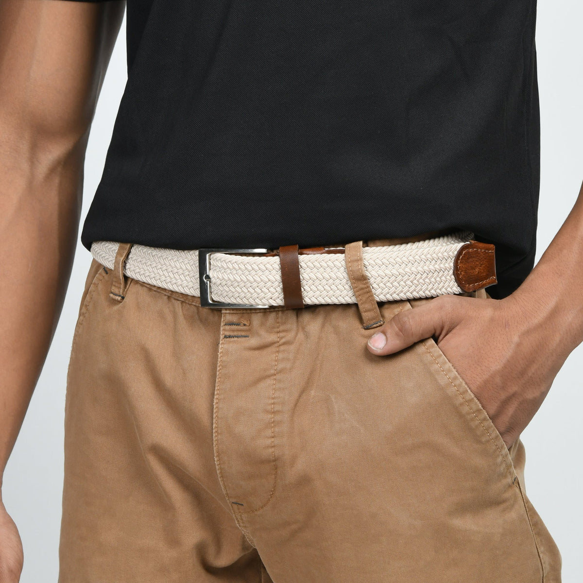 Classy Leather Bags Cream & Brown Braided Canvas Leather Belt - AVBL MRKT (2)