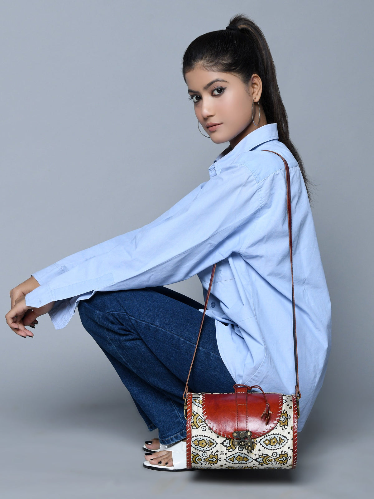 Classy Leather Bags Cylindrical Block Printed Leather Bag - AVBL MRKT (2)