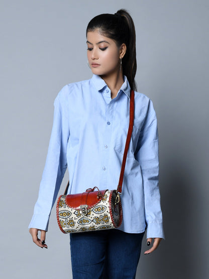 Classy Leather Bags Cylindrical Block Printed Leather Bag - AVBL MRKT (3)
