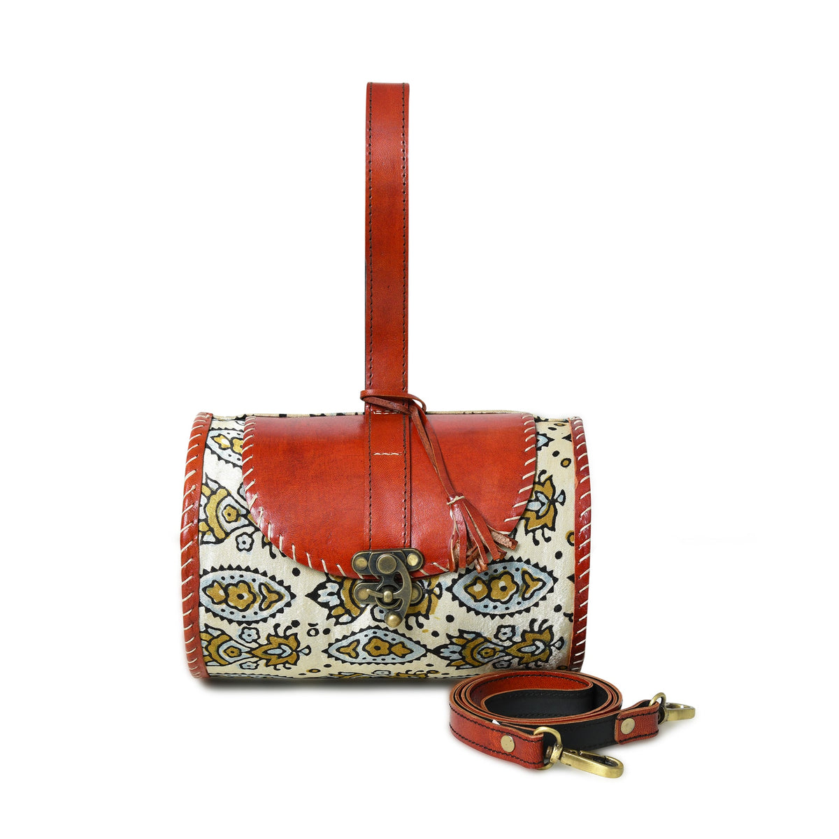 Classy Leather Bags Cylindrical Block Printed Leather Bag - AVBL MRKT (6)
