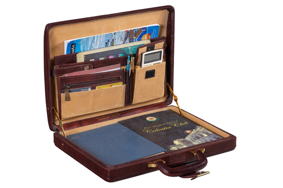Classy Leather Bags Executive Men's Leather Attache Briefcase Brown/Cherry Red - AVBL MRKT (2)