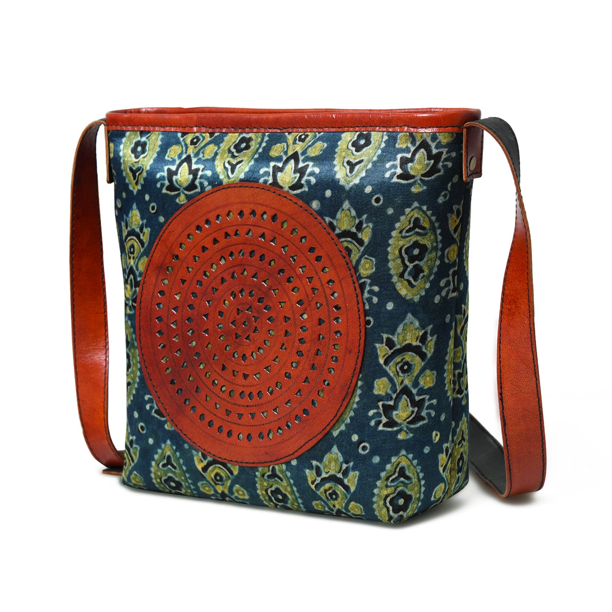 Classy Leather Bags Heritage Ajrakh Leather Tote Bag - AVBL MRKT (3)