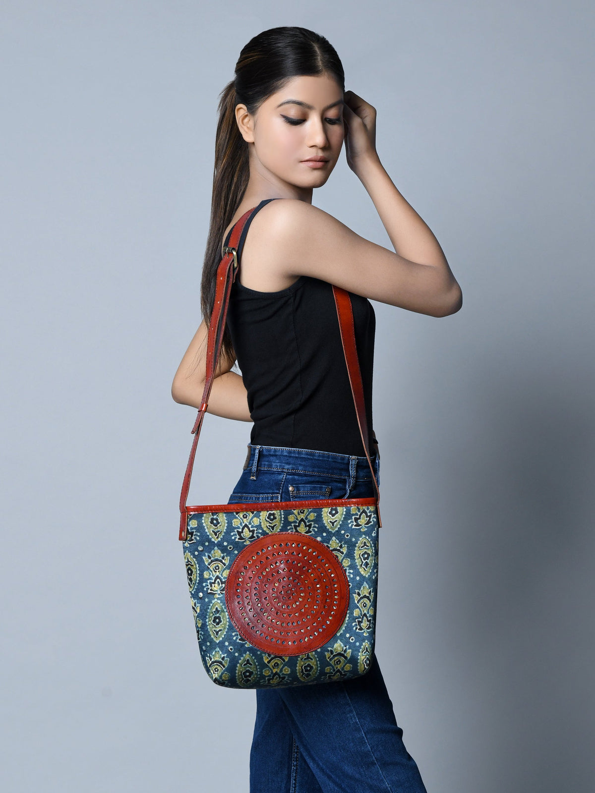 Classy Leather Bags Heritage Ajrakh Leather Tote Bag - AVBL MRKT (4)