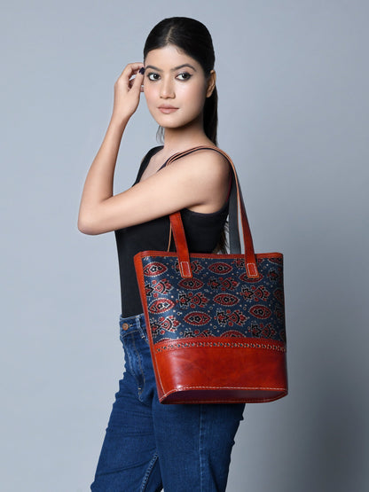 Classy Leather Bags Neela Ajrakh Leather Tote Bag - AVBL MRKT (1)