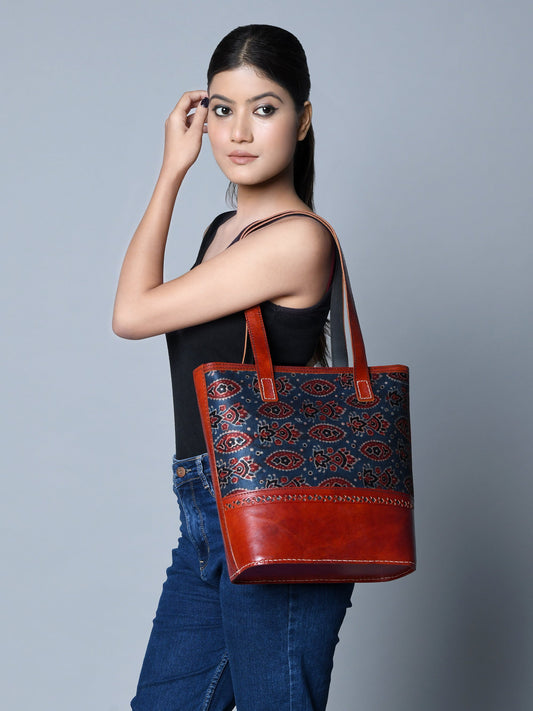 Classy Leather Bags Neela Ajrakh Leather Tote Bag - AVBL MRKT (1)
