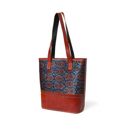 Classy Leather Bags Neela Ajrakh Leather Tote Bag - AVBL MRKT (2)