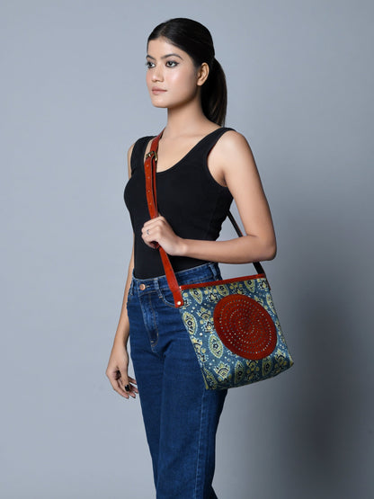 Classy Leather Bags Neela Ajrakh Leather Tote Bag - AVBL MRKT (4)