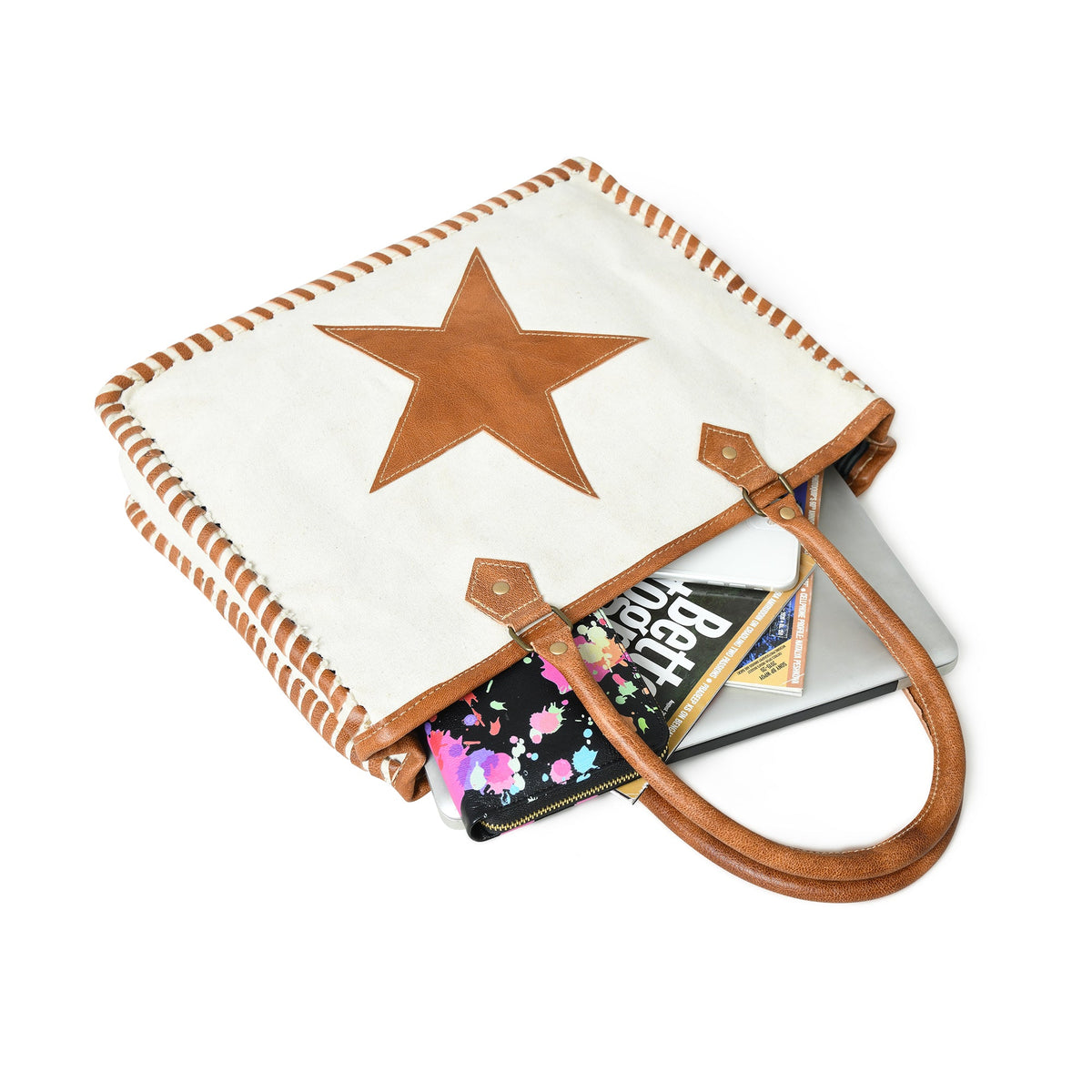 Classy Leather Bags Star Upcycled Canvas Shoulder Tote - AVBL MRKT (5)