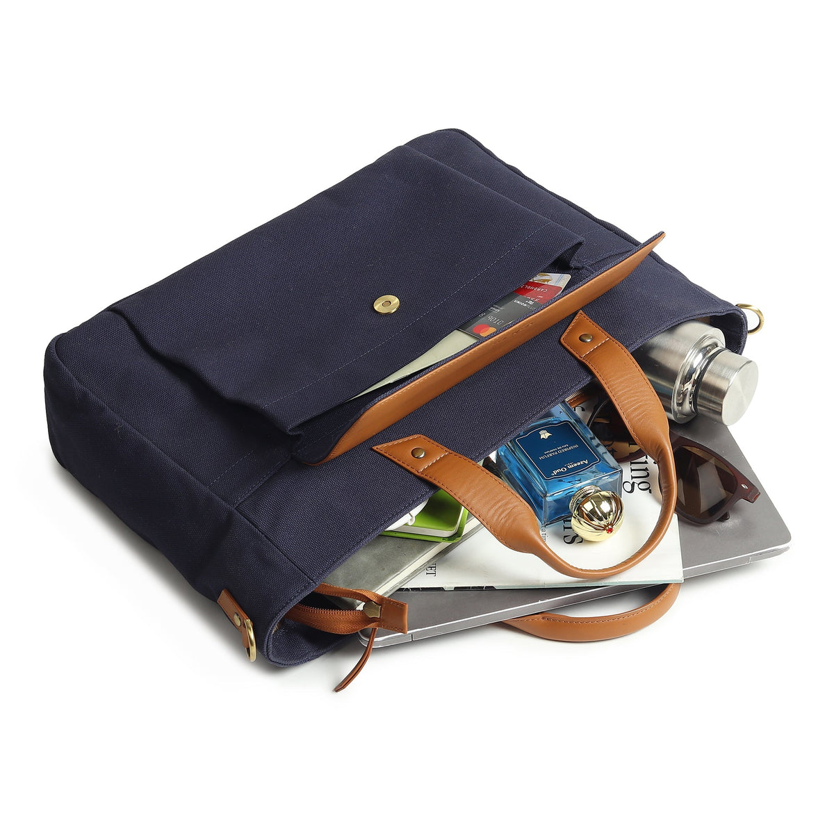 Classy Leather Bags Voyager Canvas Leather Briefcase, Dark Blue - AVBL MRKT (2)