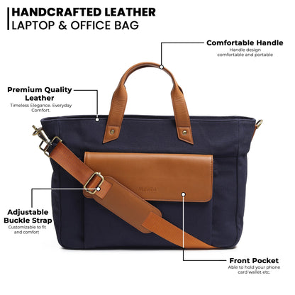 Classy Leather Bags Voyager Canvas Leather Briefcase, Dark Blue - AVBL MRKT (7)