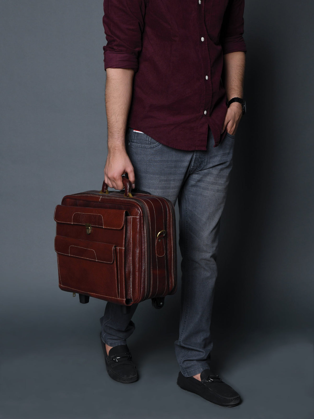 Classy Leather Bags Wanderer Leather Trolly Suitcase Bag - AVBL MRKT (4)