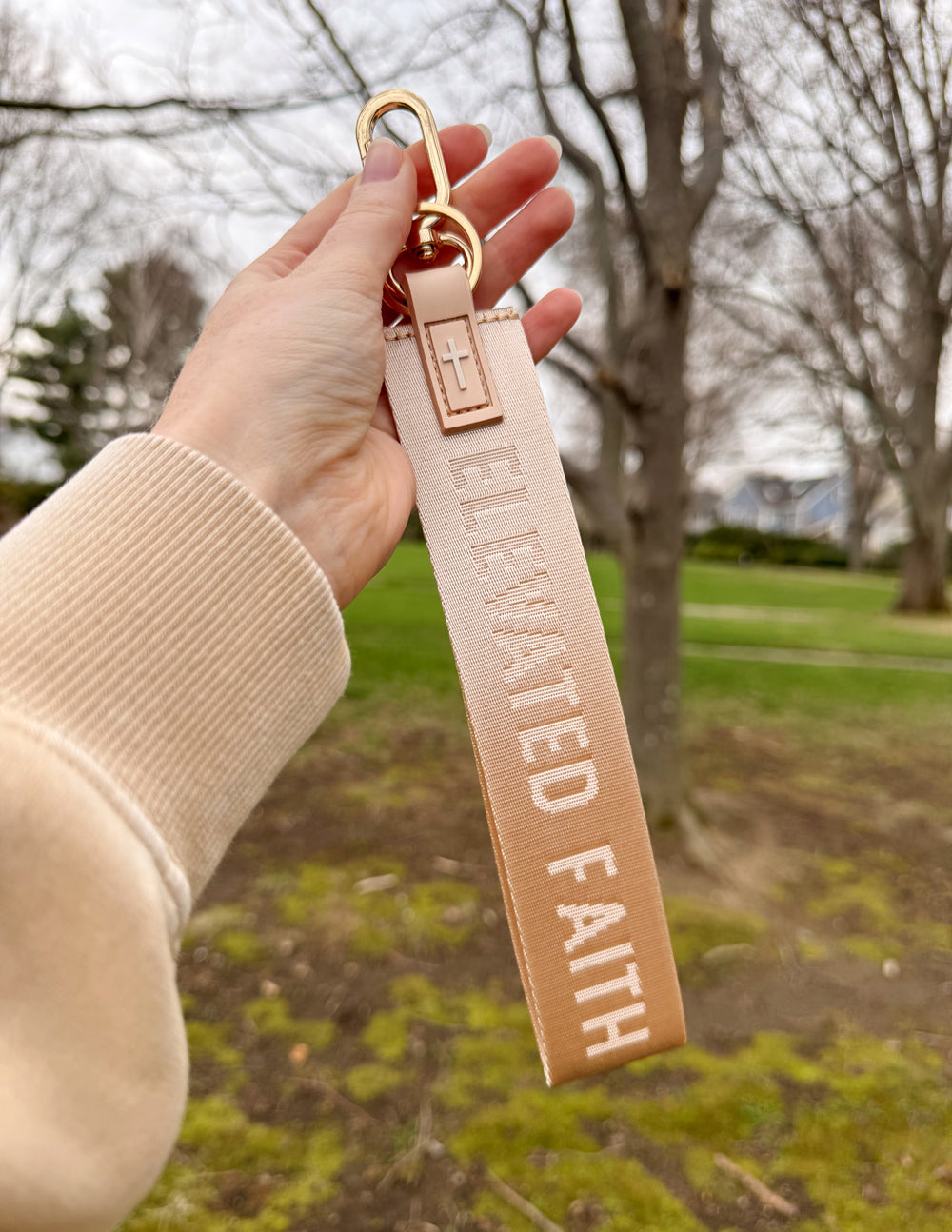 Elevated Faith Beige Oversized Logo Keychain - AVBL MRKT (4)