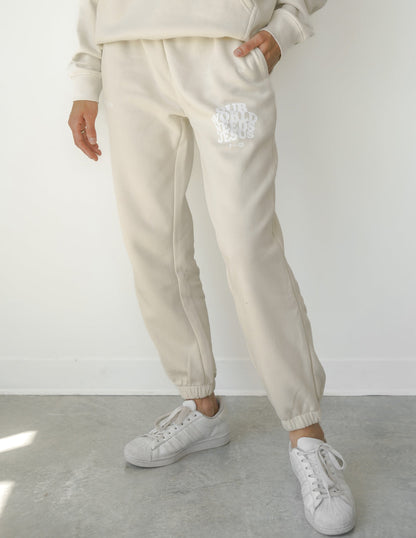 Elevated Faith Our World Needs Jesus Beige Unisex Sweatpant - AVBL MRKT (1)
