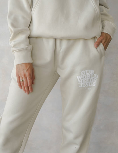 Elevated Faith Our World Needs Jesus Beige Unisex Sweatpant - AVBL MRKT (3)