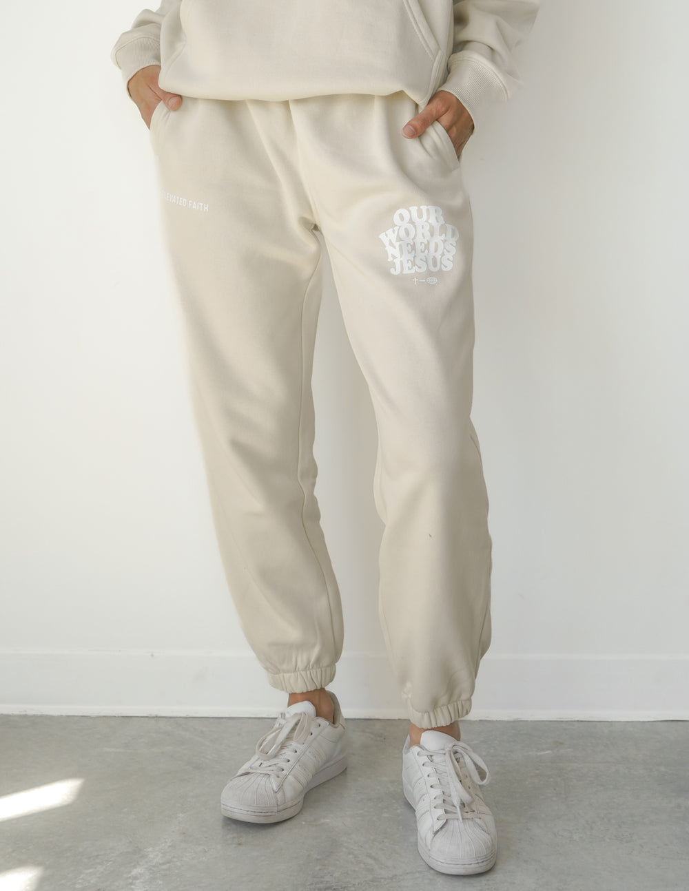 Elevated Faith Our World Needs Jesus Beige Unisex Sweatpant - AVBL MRKT (4)