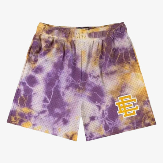 Eric Emanuel EE Basic Short 'Tie-Dye Lakers' Purple / Yellow (SS24) [SHTIEMSH-LAKYEL] Casual Fashion Bottoms for Unisex Adult Mens Hypebeast - AVBL MRKT (1)