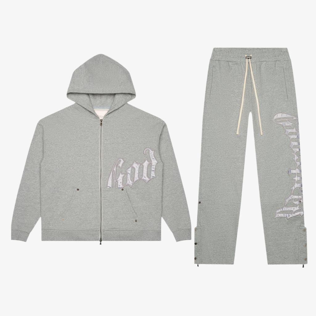 Godspeed 'OG Logo V2' 500 GSM French Terry Sweatsuit Grey / Silver Satin (Hoodie and Sweatpants) [GS005] Casual Fashion Hooded Sweatshirt Sweater Bottoms for Unisex Adult Mens Hypebeast - AVBL MRKT (1)