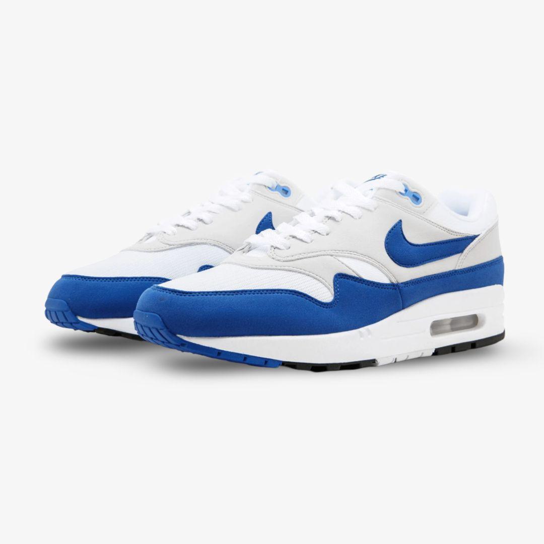 Nike Air Max 1 Anniversary 'Royal' (2017 Restock) [908375-102] Athletic Casual Fashion Running Sports Sneakers in White / Game Royal - Neutral Grey for Unisex Adult Mens - AVBL MRKT (1)