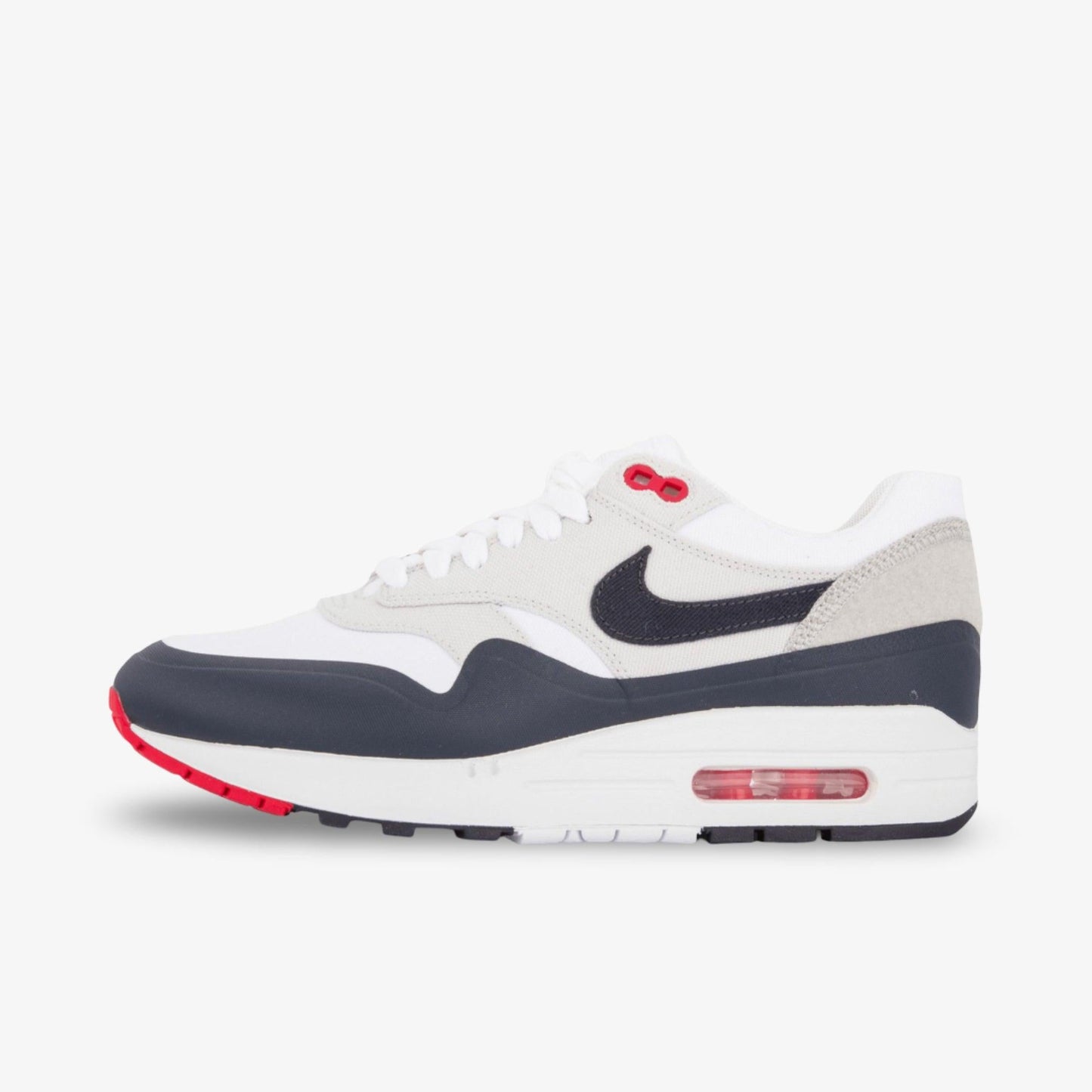 Nike Air Max 1 V SP 'Paris Patch' (2015) [704901-146] Athletic Casual Fashion Running Sports Sneakers in White / Obsidian - University Red for Unisex Adult Mens - AVBL MRKT (2)