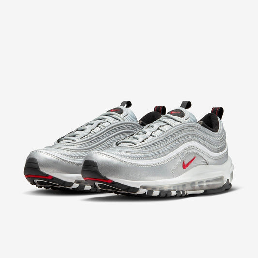 Nike Air Max 97 OG 'Metallic Silver Bullet' (2022) (Womens) [DQ9131-002] Athletic Casual Fashion Running Sports Sneakers in Metallic Silver / Varsity Red for Unisex Adult Female Ladies Girls WMNS - AVBL MRKT (1)