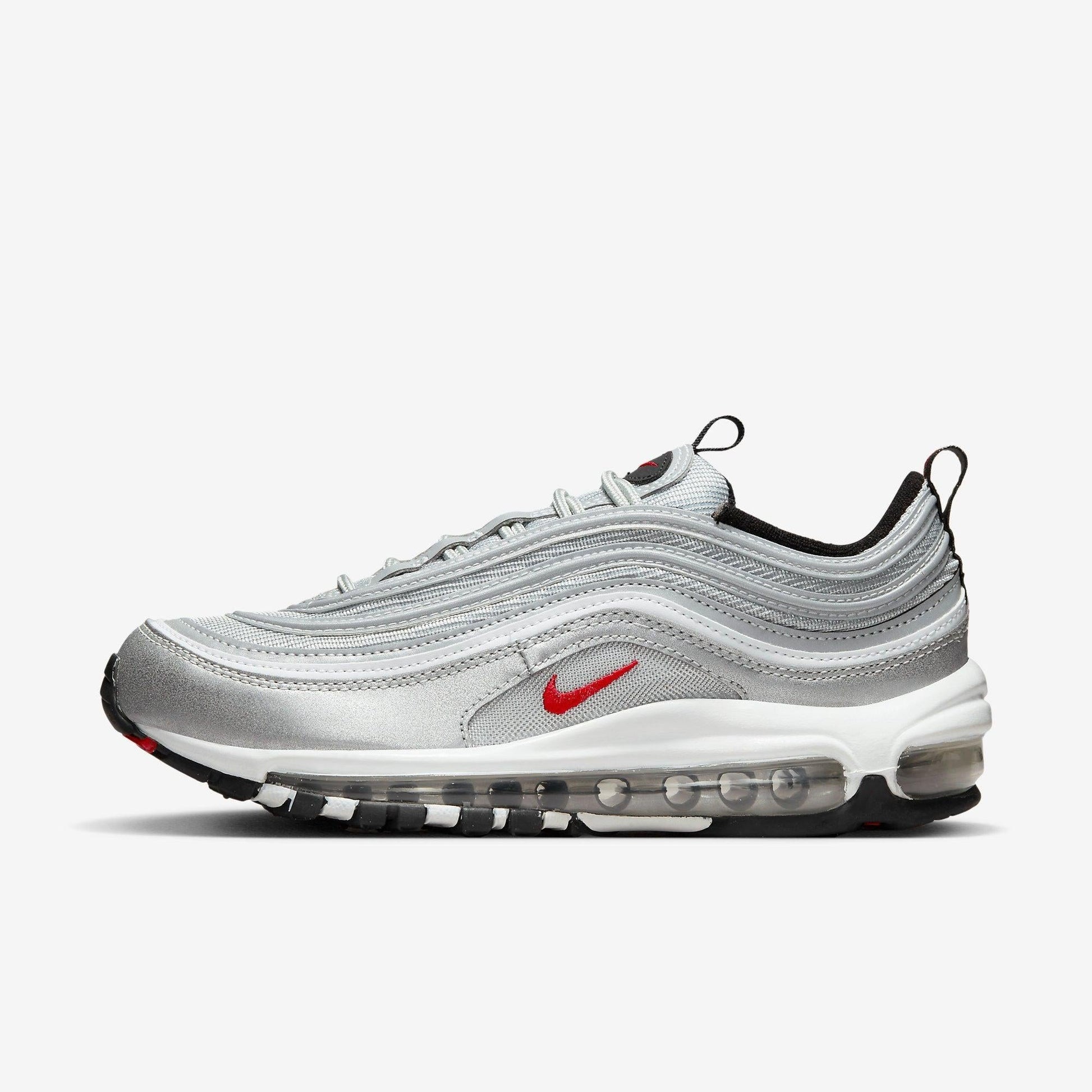Nike Air Max 97 OG 'Metallic Silver Bullet' (2022) (Womens) [DQ9131-002] Athletic Casual Fashion Running Sports Sneakers in Metallic Silver / Varsity Red for Unisex Adult Female Ladies Girls WMNS - AVBL MRKT (2)