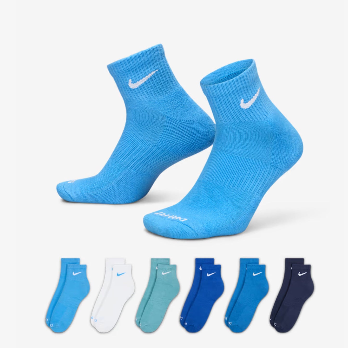 Nike Dri-FIT Everyday Plus Cushioned Mid Training Quarter Ankle Socks (6 Pack) Multicolor / Blue [SX6899-937] Casual Fashion Cozy for Unisex Adult Mens Womens Kids GS Youth Hypebeast - AVBL MRKT (1)