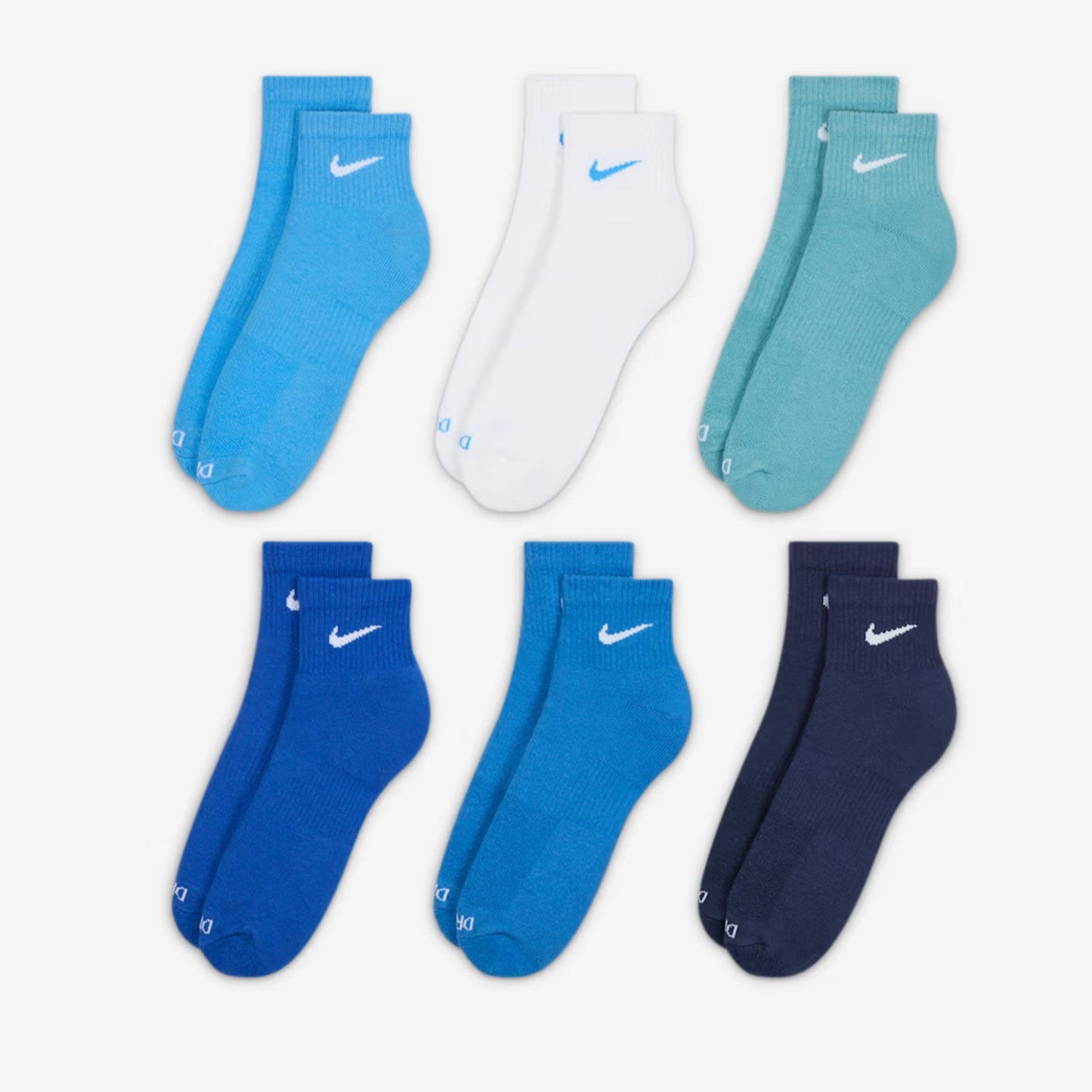 Nike Dri-FIT Everyday Plus Cushioned Mid Training Quarter Ankle Socks (6 Pack) Multicolor / Blue [SX6899-937] Casual Fashion Cozy for Unisex Adult Mens Womens Kids GS Youth Hypebeast - AVBL MRKT (2)