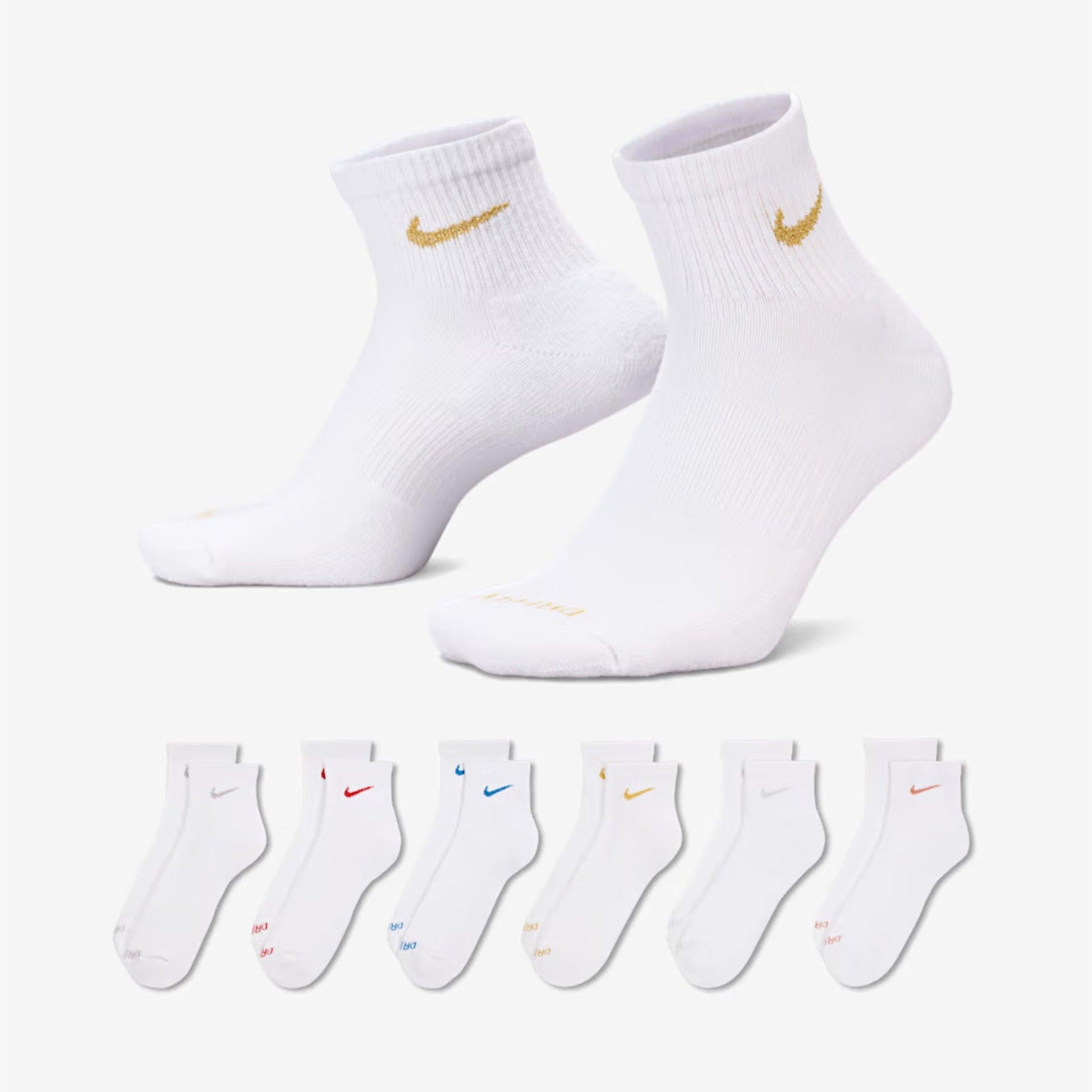 Nike Dri-FIT Everyday Plus Cushioned Mid Training Quarter Ankle Socks (6 Pack) White / Multicolor [SX6899-941] Casual Fashion Cozy for Unisex Adult Mens Womens Kids GS Youth Hypebeast - AVBL MRKT (1)