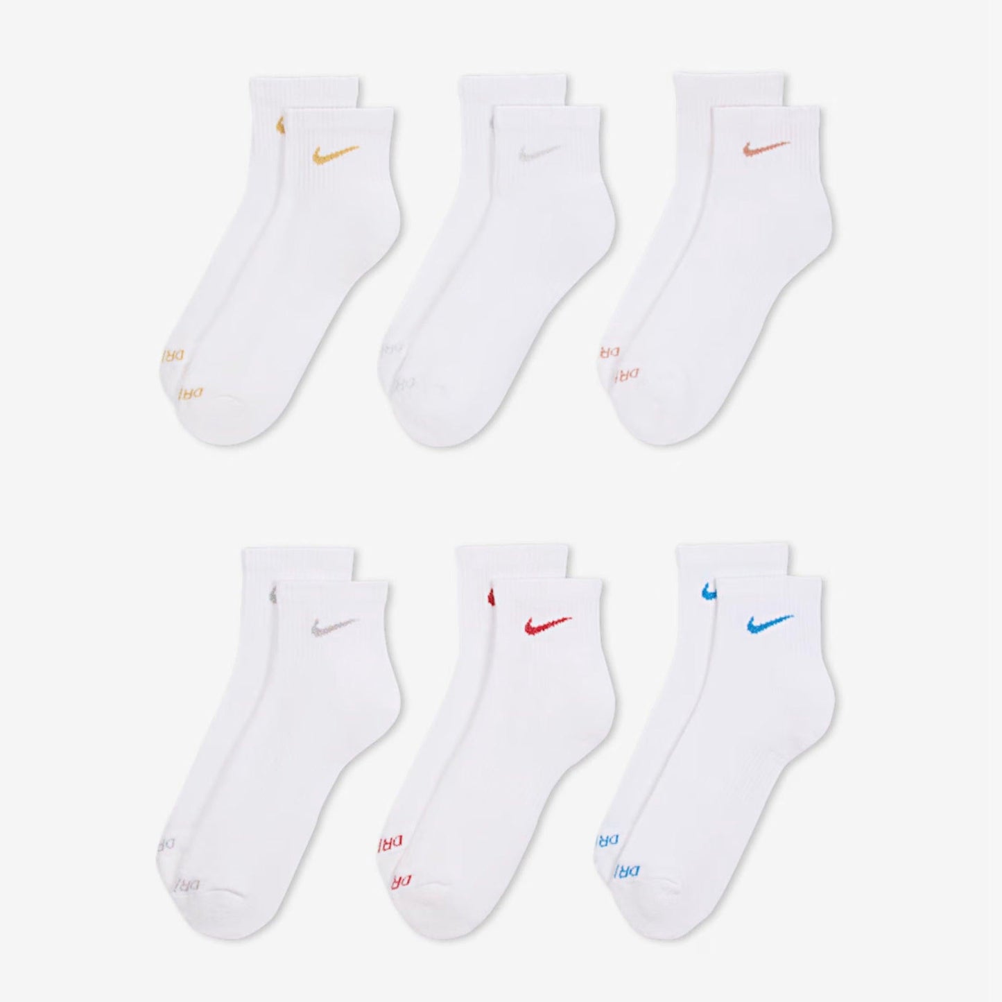 Nike Dri-FIT Everyday Plus Cushioned Mid Training Quarter Ankle Socks (6 Pack) White / Multicolor [SX6899-941] Casual Fashion Cozy for Unisex Adult Mens Womens Kids GS Youth Hypebeast - AVBL MRKT (2)