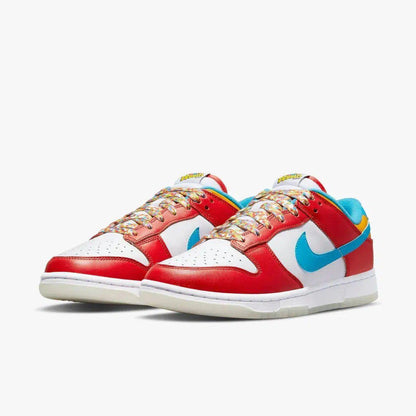 Nike Dunk Low QS x LeBron James 'Fruity Pebbles' (2022) [DH8009-600] Athletic Basketball Skateboarding Sports Sneakers in Habanero Red / Laser Blue - White for Unisex Adult Mens - AVBL MRKT (1)