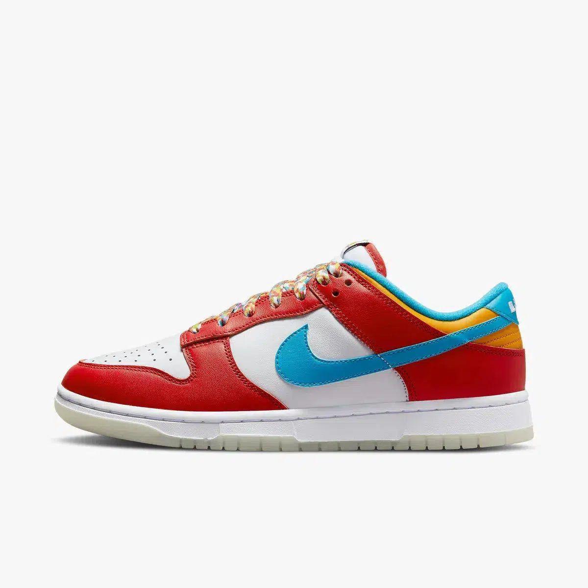 Nike Dunk Low QS x LeBron James 'Fruity Pebbles' (2022) [DH8009-600] Athletic Basketball Skateboarding Sports Sneakers in Habanero Red / Laser Blue - White for Unisex Adult Mens - AVBL MRKT (2)