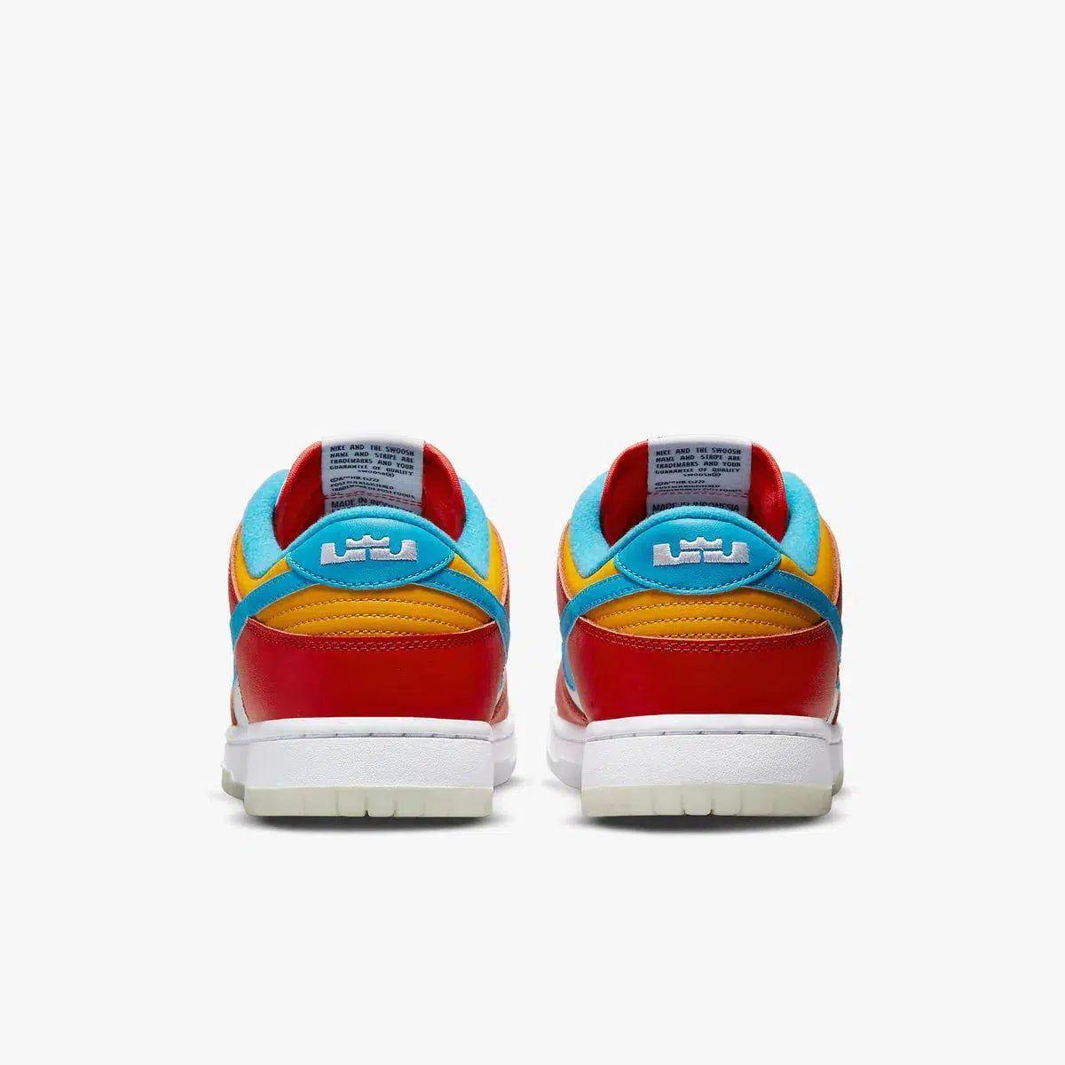 Nike Dunk Low QS x LeBron James 'Fruity Pebbles' (2022) [DH8009-600] Athletic Basketball Skateboarding Sports Sneakers in Habanero Red / Laser Blue - White for Unisex Adult Mens - AVBL MRKT (6)