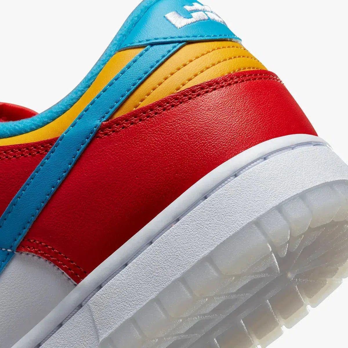 Nike Dunk Low QS x LeBron James 'Fruity Pebbles' (2022) [DH8009-600] Athletic Basketball Skateboarding Sports Sneakers in Habanero Red / Laser Blue - White for Unisex Adult Mens - AVBL MRKT (8)