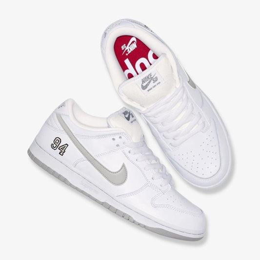 Nike SB Dunk Low OG QS x Supreme 'White / Metallic Silver' (2025) [HQ8487-100] Athletic Basketball Skateboarding Sports Sneakers in White / Metallic Silver - White for Unisex Adult Mens - AVBL MRKT (1)